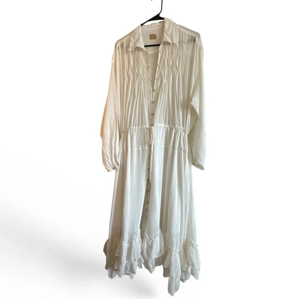 Free People Cream Maxi Button-Front Ruffled Bohemian Sea La Vie Dress - Picture 2 of 16